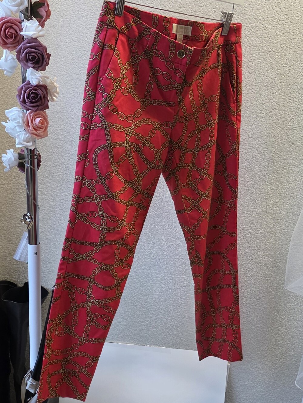 Michael Kors Red Straight-Leg Chain-Print Pants